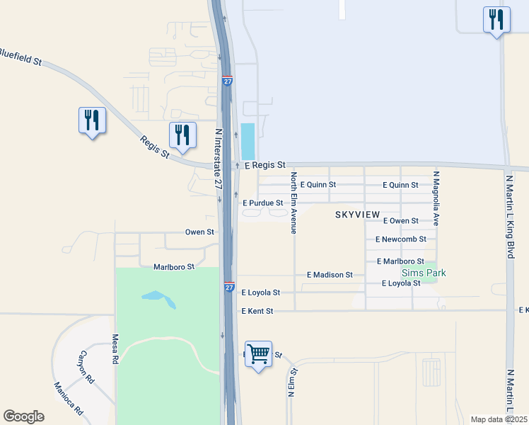 map of restaurants, bars, coffee shops, grocery stores, and more near 302 East Purdue Street in Lubbock