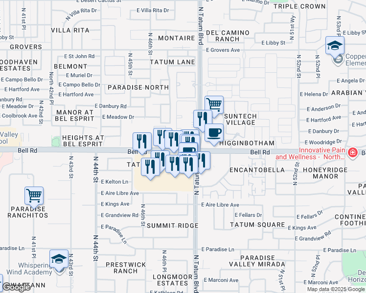 map of restaurants, bars, coffee shops, grocery stores, and more near 4717 East Bell Road in Phoenix
