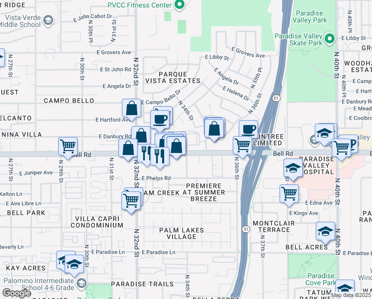 map of restaurants, bars, coffee shops, grocery stores, and more near 3335 East Bell Road in Phoenix