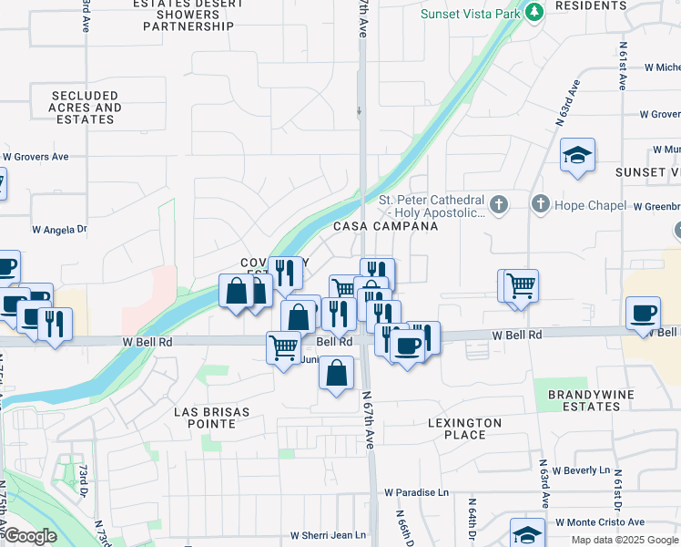 map of restaurants, bars, coffee shops, grocery stores, and more near 17100 N 67th Ave in Glendale