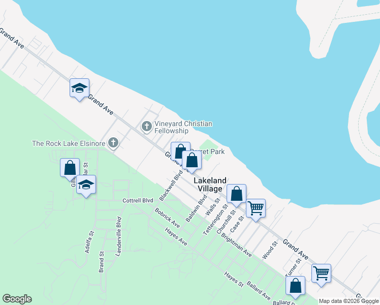 map of restaurants, bars, coffee shops, grocery stores, and more near 32956 Blackwell Boulevard in Lake Elsinore