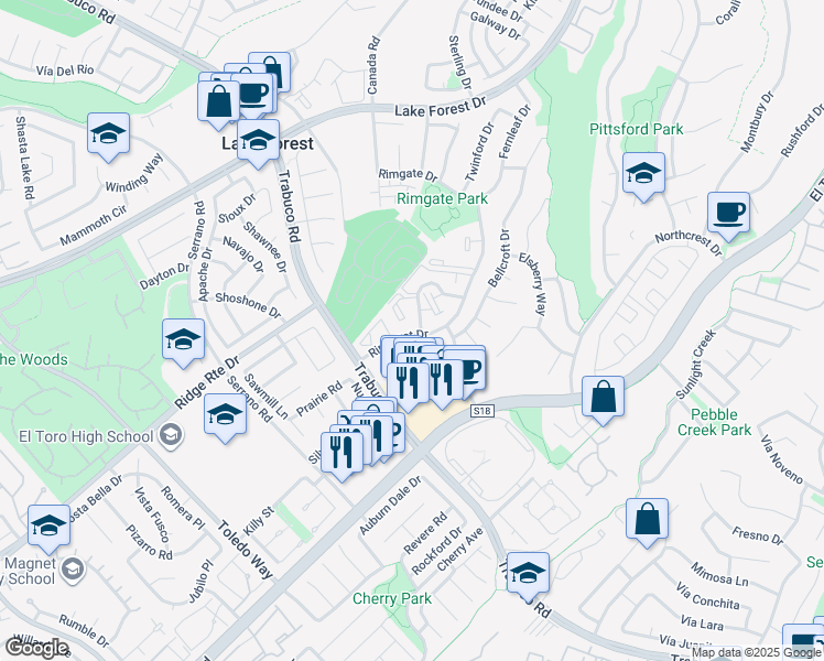 map of restaurants, bars, coffee shops, grocery stores, and more near 25655 Mont Pointe in Lake Forest
