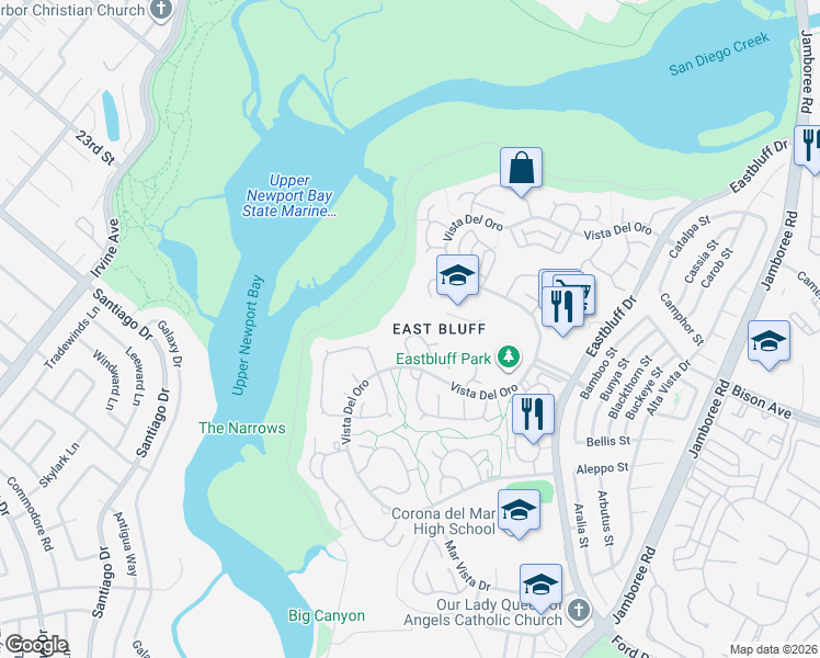 map of restaurants, bars, coffee shops, grocery stores, and more near 415 Vista Grande in Newport Beach