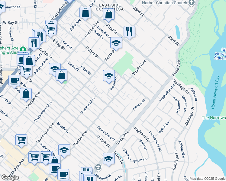 map of restaurants, bars, coffee shops, grocery stores, and more near 2045 Tustin Avenue in Costa Mesa
