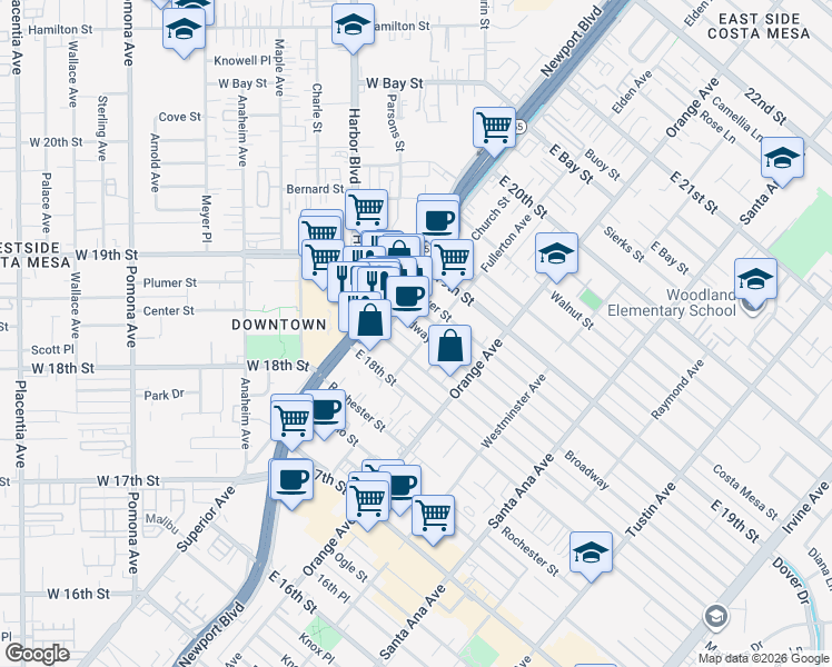 map of restaurants, bars, coffee shops, grocery stores, and more near 1833 Fullerton Avenue in Costa Mesa