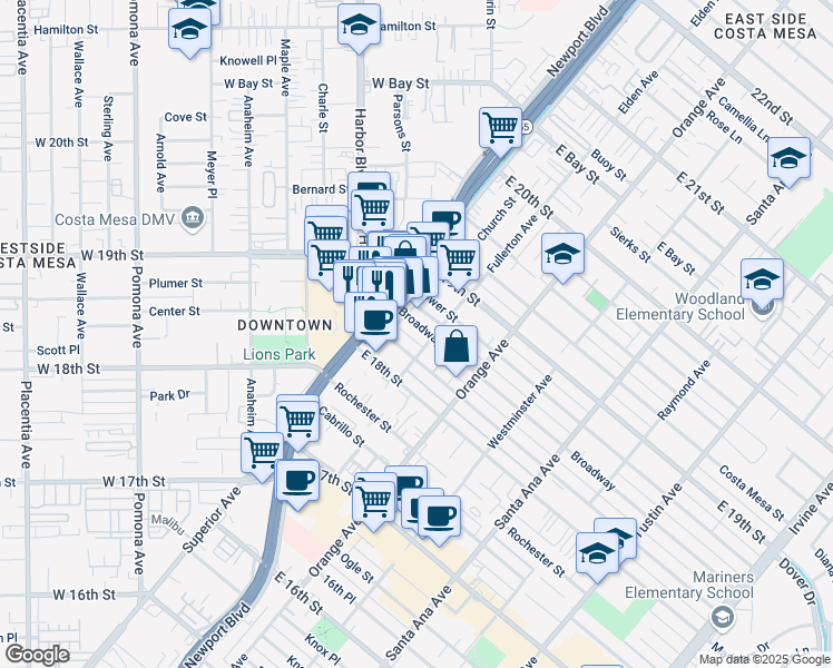map of restaurants, bars, coffee shops, grocery stores, and more near 1833 Fullerton Avenue in Costa Mesa