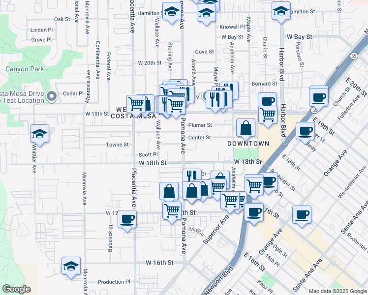 map of restaurants, bars, coffee shops, grocery stores, and more near 1818 Pomona Avenue in Costa Mesa