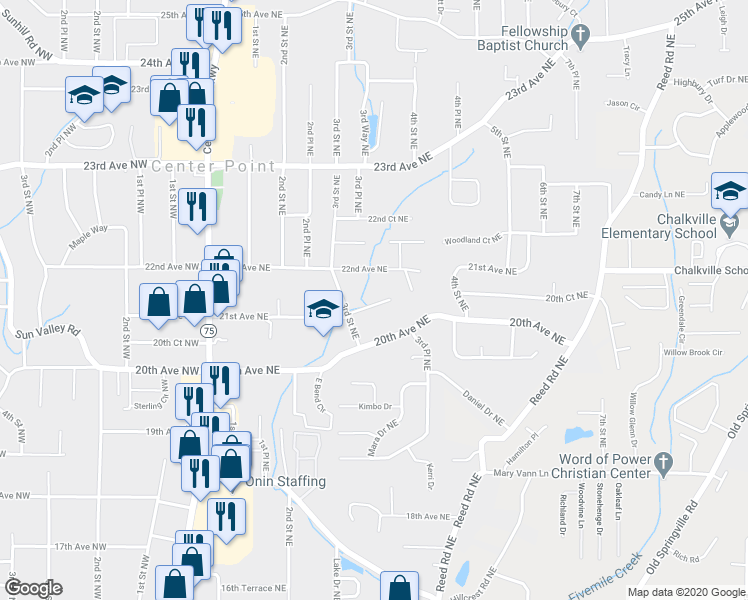 map of restaurants, bars, coffee shops, grocery stores, and more near 317 21st Avenue Northeast in Center Point