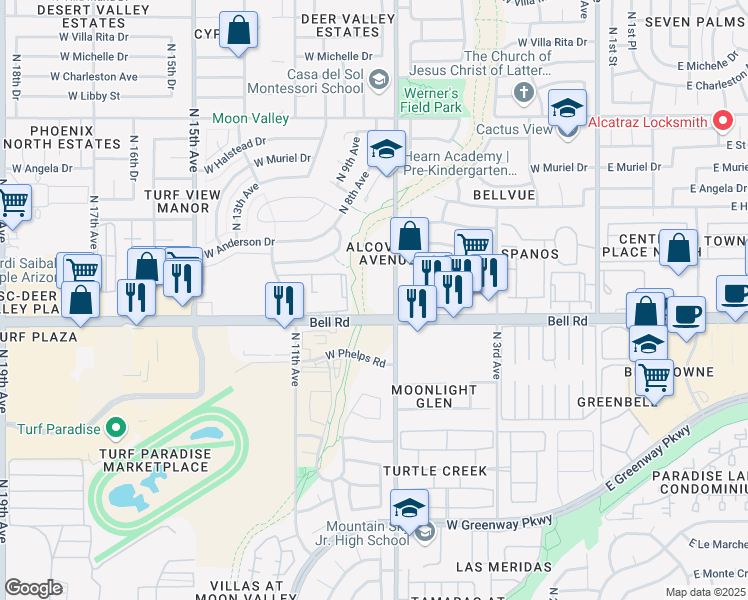 map of restaurants, bars, coffee shops, grocery stores, and more near 710 West Bell Road in Phoenix