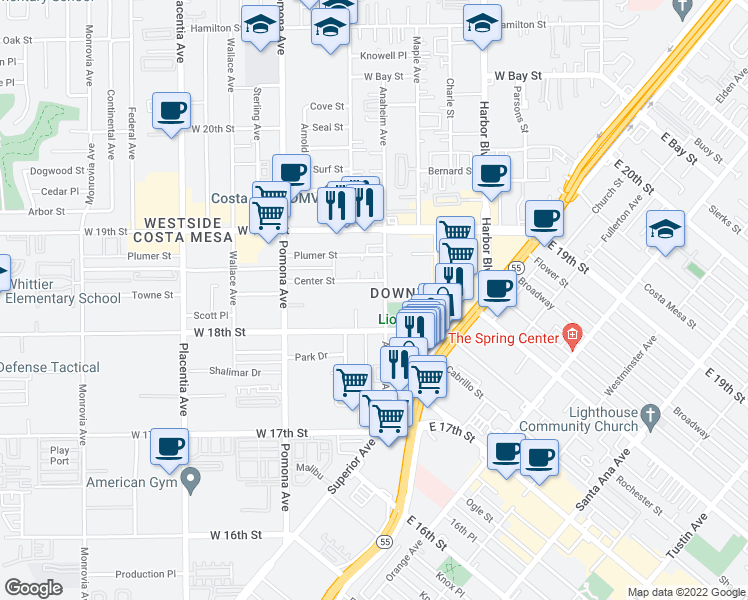 map of restaurants, bars, coffee shops, grocery stores, and more near 1818 Viola Place in Costa Mesa
