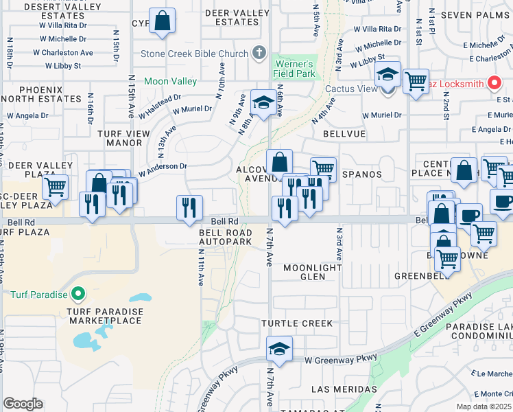 map of restaurants, bars, coffee shops, grocery stores, and more near in Phoenix