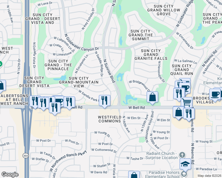 map of restaurants, bars, coffee shops, grocery stores, and more near 16041 West Rio Verde Court in Surprise