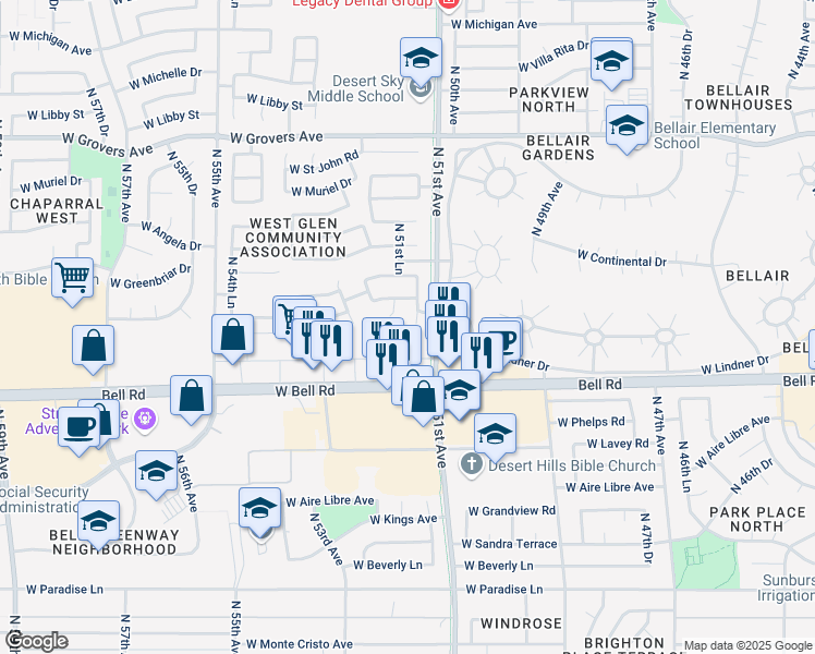 map of restaurants, bars, coffee shops, grocery stores, and more near 17188 North 51st Drive in Glendale