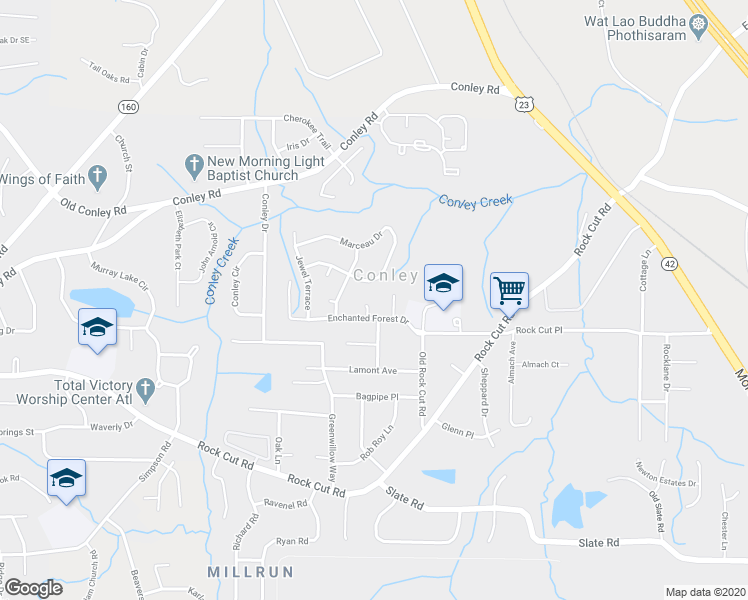 map of restaurants, bars, coffee shops, grocery stores, and more near 4182 Tressy Court in Conley