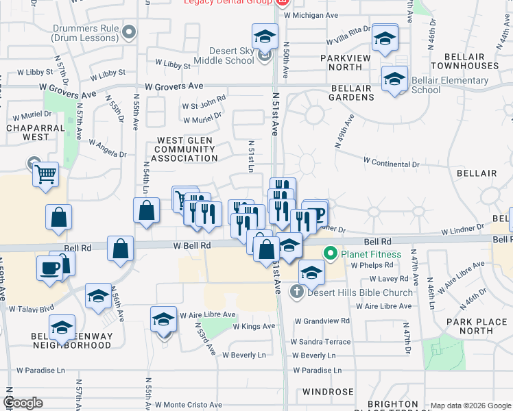 map of restaurants, bars, coffee shops, grocery stores, and more near 17188 North 51st Drive in Glendale
