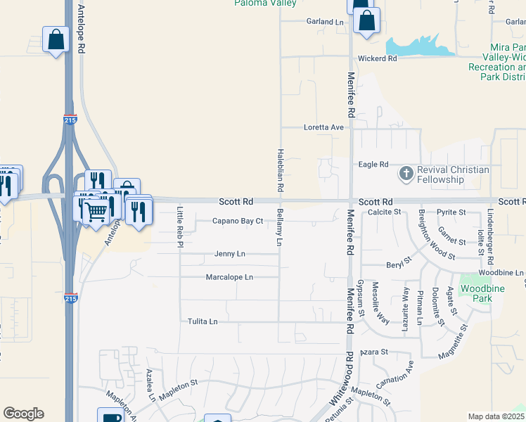 map of restaurants, bars, coffee shops, grocery stores, and more near 28660 Capano Bay Court in Menifee