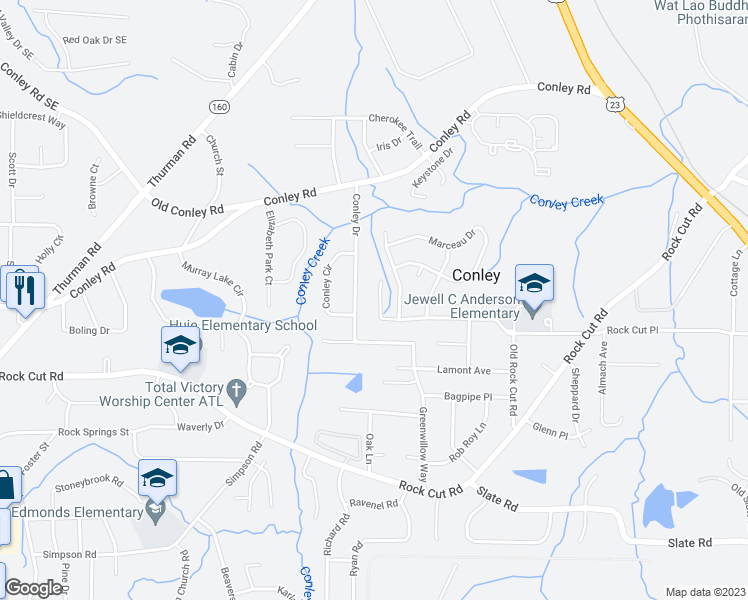 map of restaurants, bars, coffee shops, grocery stores, and more near 1485 Enchanted Forest Drive in Conley