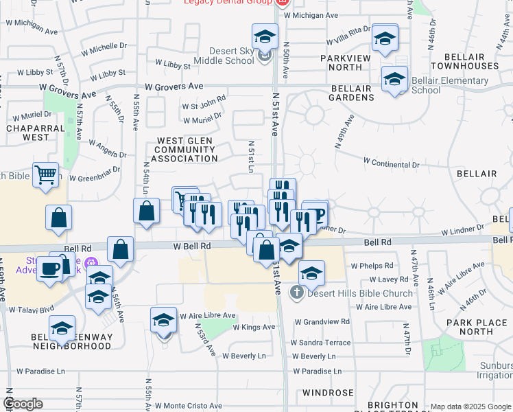 map of restaurants, bars, coffee shops, grocery stores, and more near 17188 North 51st Drive in Glendale