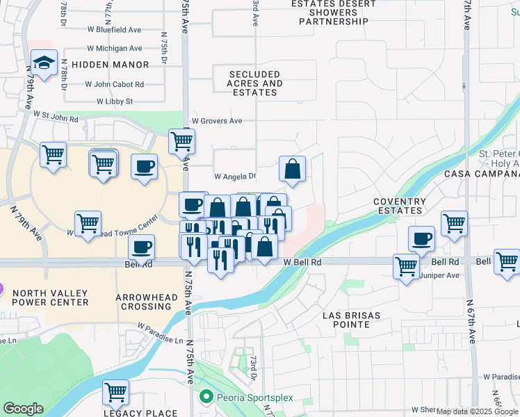 map of restaurants, bars, coffee shops, grocery stores, and more near 1388 West Camino San Xavier in Glendale