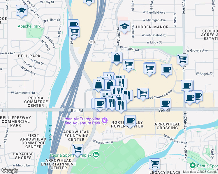 map of restaurants, bars, coffee shops, grocery stores, and more near 7909 West Campo Bello Drive in Glendale