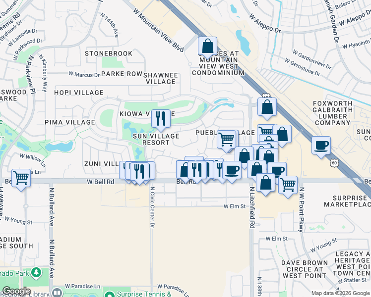 map of restaurants, bars, coffee shops, grocery stores, and more near West Arapaho Trail in Surprise