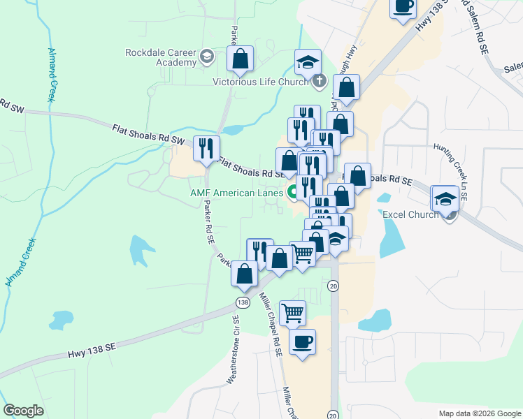 map of restaurants, bars, coffee shops, grocery stores, and more near 302 Silver Summit Drive Southeast in Conyers