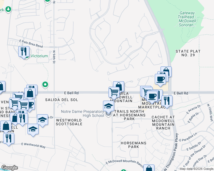 map of restaurants, bars, coffee shops, grocery stores, and more near 9768 East South Bend Drive in Scottsdale