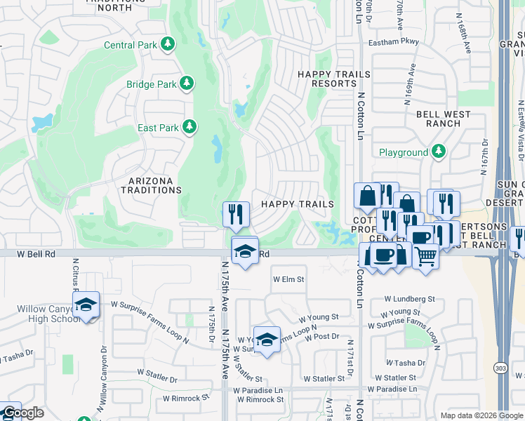 map of restaurants, bars, coffee shops, grocery stores, and more near 17200 West Bell Road in Surprise
