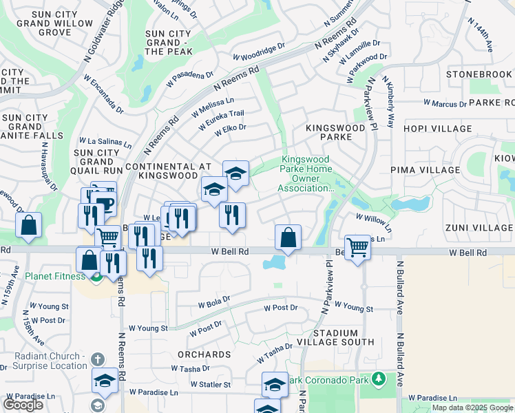 map of restaurants, bars, coffee shops, grocery stores, and more near 17216 North Wavyleaf Avenue in Surprise