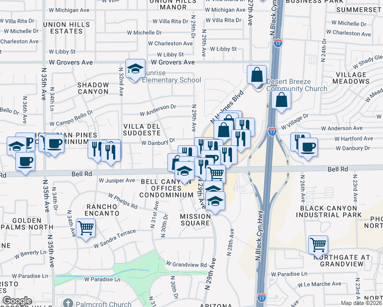 map of restaurants, bars, coffee shops, grocery stores, and more near 2908 West Woodridge Drive in Phoenix