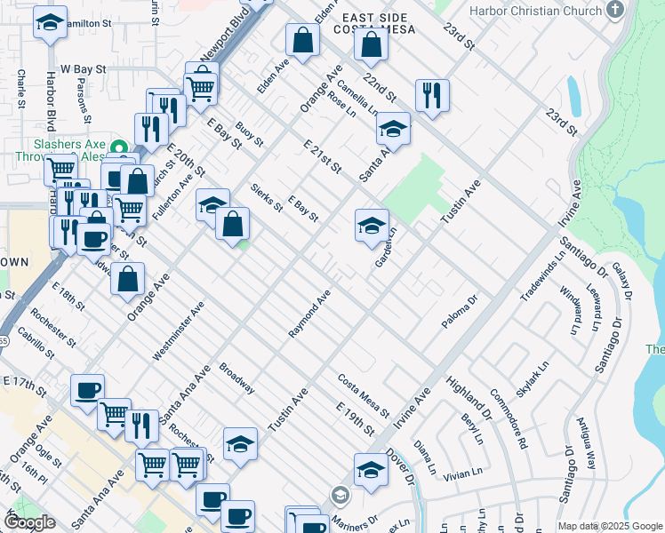 map of restaurants, bars, coffee shops, grocery stores, and more near 331 East 20th Street in Costa Mesa