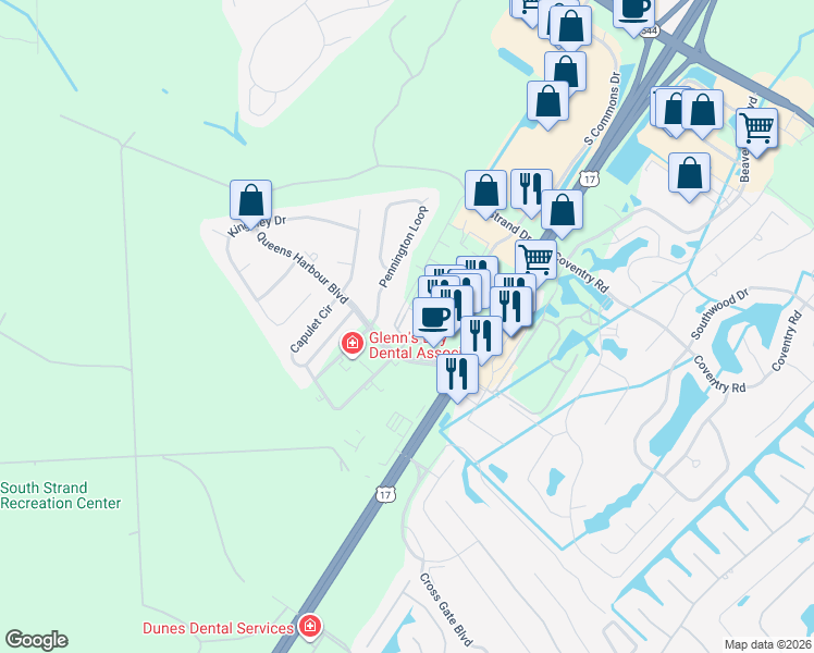 map of restaurants, bars, coffee shops, grocery stores, and more near 100 Ella Kinley Circle in Myrtle Beach