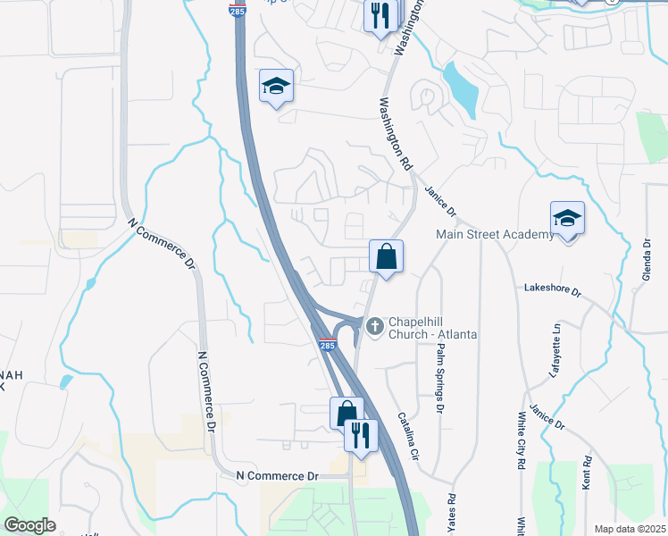 map of restaurants, bars, coffee shops, grocery stores, and more near 4222 High Park Lane in East Point