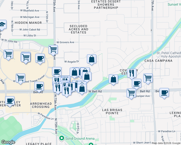 map of restaurants, bars, coffee shops, grocery stores, and more near 7170 West Camino San Xavier in Glendale