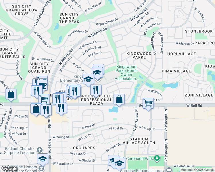 map of restaurants, bars, coffee shops, grocery stores, and more near 17216 North Wavyleaf Avenue in Surprise
