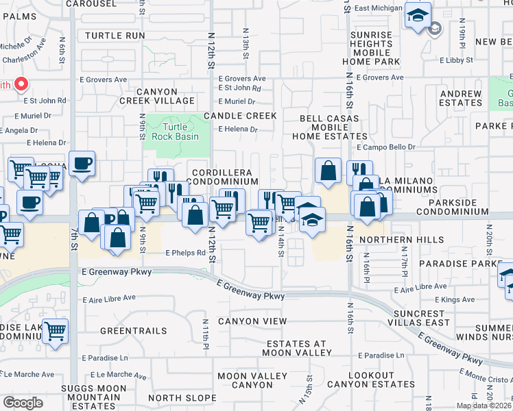 map of restaurants, bars, coffee shops, grocery stores, and more near 1304 East Bell Road in Phoenix