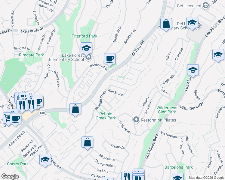 map of restaurants, bars, coffee shops, grocery stores, and more near 26515 Kari Brook in Lake Forest