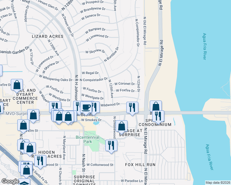 map of restaurants, bars, coffee shops, grocery stores, and more near 12420 West Westgate Drive in Sun City West