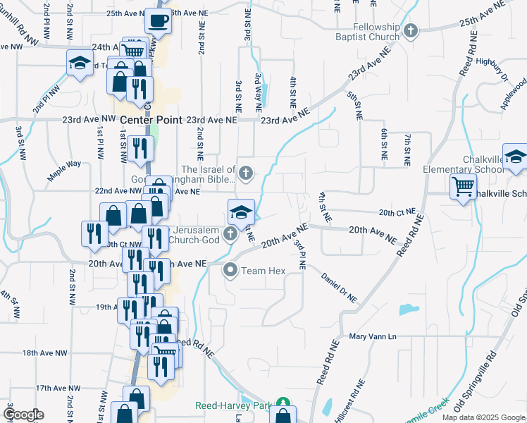 map of restaurants, bars, coffee shops, grocery stores, and more near 308 21st Avenue Northeast in Center Point