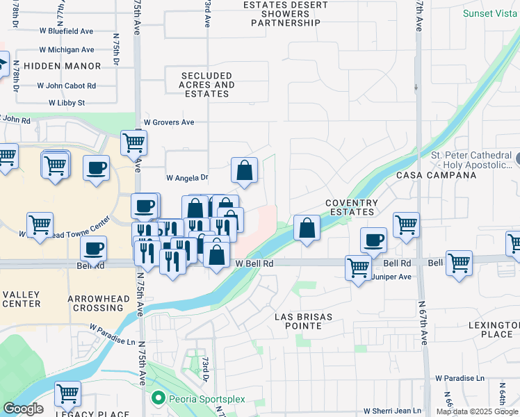 map of restaurants, bars, coffee shops, grocery stores, and more near 7200 West Camino San Xavier in Glendale