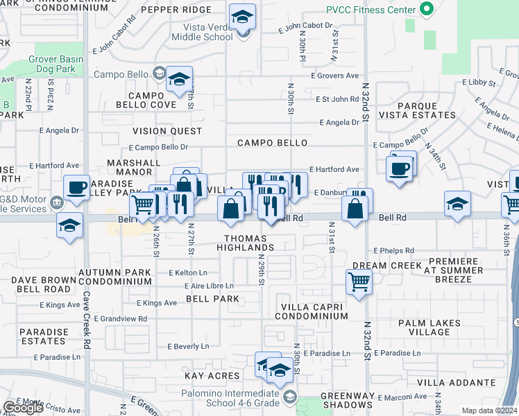 map of restaurants, bars, coffee shops, grocery stores, and more near 2848 East Bell Road in Phoenix