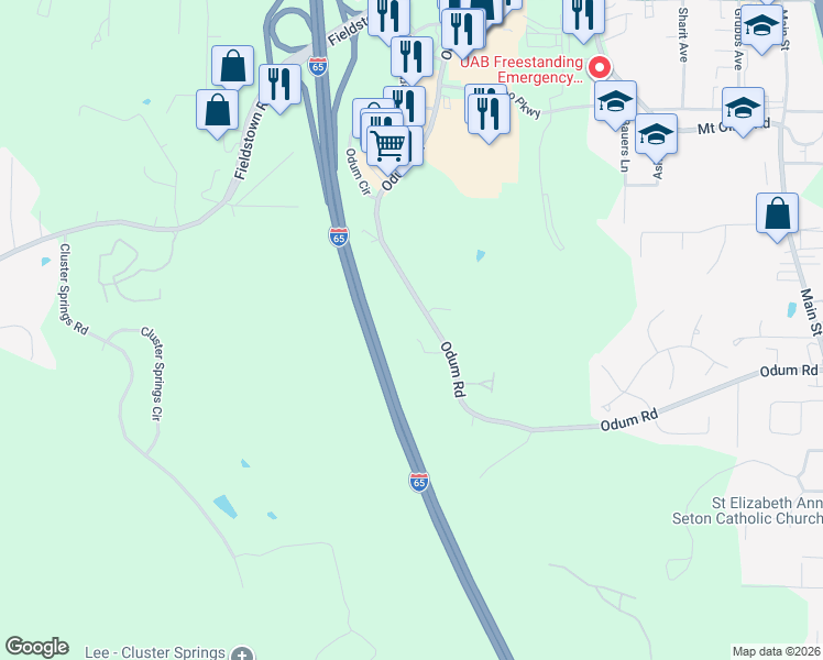 map of restaurants, bars, coffee shops, grocery stores, and more near 641 Odum Road in Gardendale