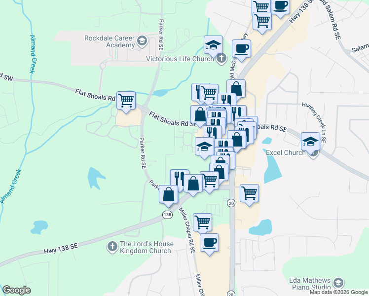 map of restaurants, bars, coffee shops, grocery stores, and more near 602 Silver Summit Drive Southeast in Conyers