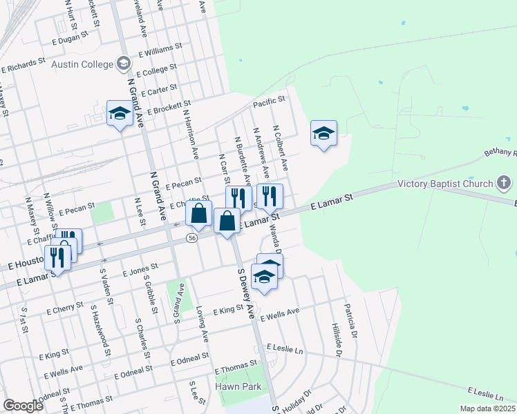 map of restaurants, bars, coffee shops, grocery stores, and more near 1911 East Lamar Street in Sherman
