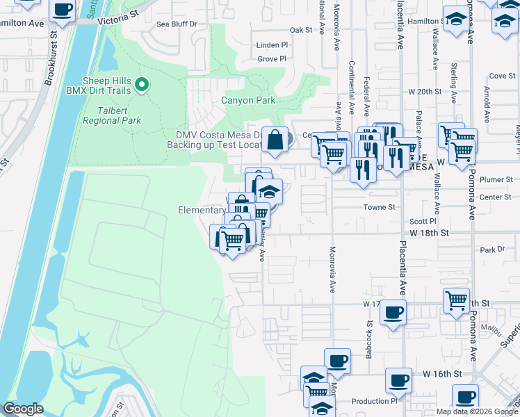 map of restaurants, bars, coffee shops, grocery stores, and more near 1835 Whittier Avenue in Costa Mesa