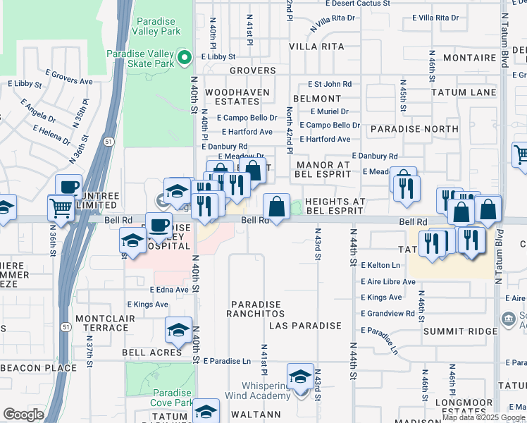 map of restaurants, bars, coffee shops, grocery stores, and more near 4139 East Bell Road in Phoenix