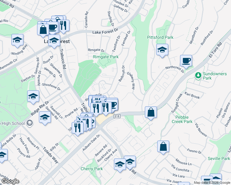 map of restaurants, bars, coffee shops, grocery stores, and more near 22132 Bellcroft Drive in Lake Forest