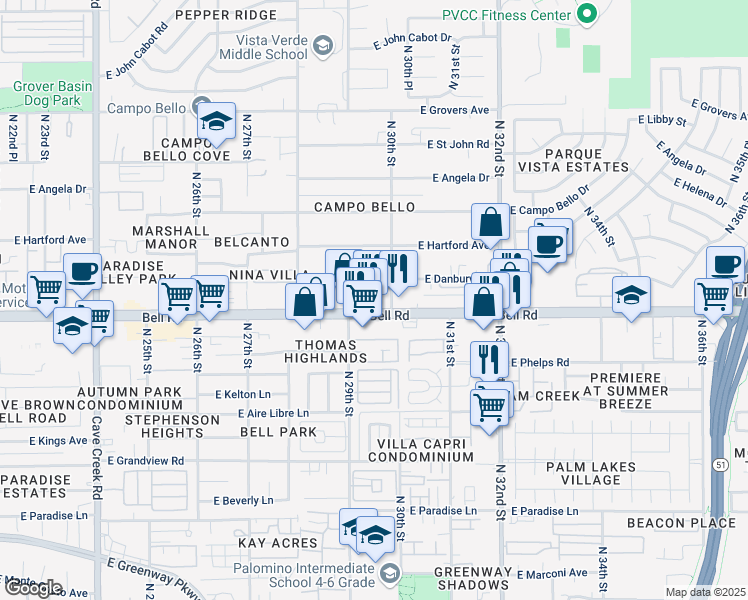 map of restaurants, bars, coffee shops, grocery stores, and more near 2945 East Bell Road in Phoenix