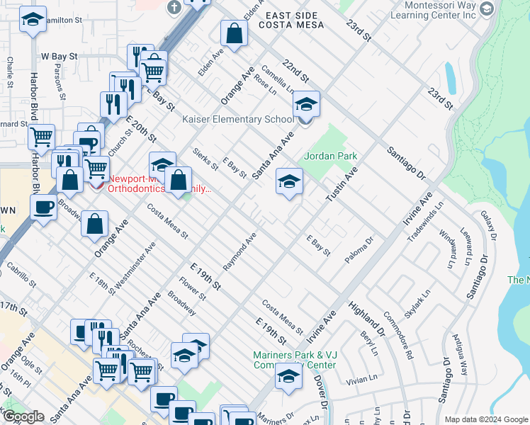 map of restaurants, bars, coffee shops, grocery stores, and more near 335 Woodland Place in Costa Mesa