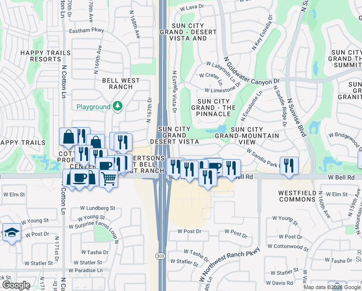 map of restaurants, bars, coffee shops, grocery stores, and more near 16524 West Sandia Park Drive in Surprise